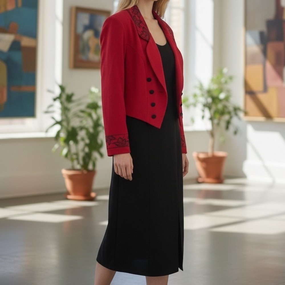 Dress Barn Jacket Dress Set Women 14W Red Black Embroidered Floral Vintage Work